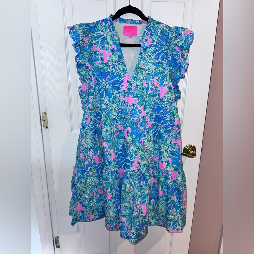 Lilly Pulitzer Aldena Ruffle Sleeve Cotton Dress, Soleil Pink Good Hare Day, XL